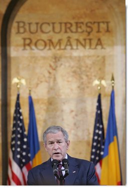 President George W. Bush delivers a keynote speech Tuesday, April 2, 2008, at the National Bank of Savings in Bucharest, site of the two-day NATO Summit. The President urged the NATO membership to be open to any European democracy that sought it.  White House photo by Chris Greenberg
