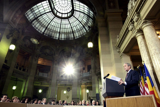 President George W. Bush delivers remarks Tuesday, April 2, 2008, at the National Bank of Savings in Bucharest, his first day in Romania, site of the 2008 NATO Summit. White House photo by Shealah Craighead