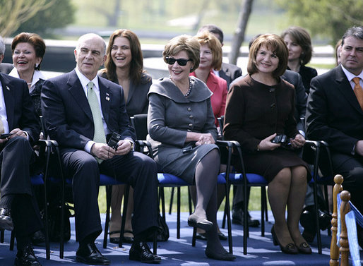 Mrs. Laura Bush and Mrs. Maria Basescu, spouse of Romania’s President Traian Basescu, break out in laughter at remarks made Wednesday, April 2, 2008, during a joint press availability with their husbands at the Protocol Villas Neptun-Olimp in Neptun, Romania. White House photo by Shealah Craighead