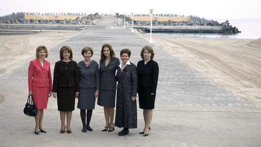 Mrs. Laura Bush and Mrs. Maria Basescu, second from left, spouse of Romania's President Traian Basescu, are joined for a photo opportunity with luncheon guests Wednesday, April 2, 2008, at the presidential seaside retreat in Neptun, Romania. Joining them are from left: Codrina Vierita, spouse of Adrian Vierita, Romanian Ambassador to the United States; Alexandra Coman, accomplished opera singer and fiancée of Adrian Cioroianu, Romania's Minister of Foreign Affairs; Jenny Taubman, spouse of Nick Taubman, U.S. Ambassador to Romania, and Maria Bitang, former Romanian Olympic Gymnastics Coach and State Advisor. White House photo by Shealah Craighead