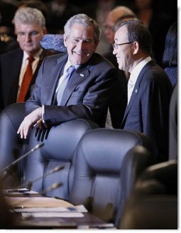 President George W. Bush speaks with United Nations Secretary-General Ban Ki-moon Thursday, April 3, 2008, during the 2008 NATO Summit in Bucharest. White House photo by Eric Draper