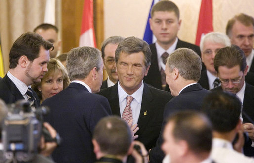 President George W. Bush confers with President Viktor Yushchenko of Ukraine, prior to the start of Friday’s Summit Meeting of the NATO Ukraine Commission at the 2008 NATO Summit in Bucharest. White House photo by Eric Draper