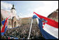 Thousands jam St. Marks's Square in Zagreb to see and hear President George W. Bush and Prime Minister Ivo Sanader of Croatia Saturday, April 5, 2008. White House photo by Chris Greenberg