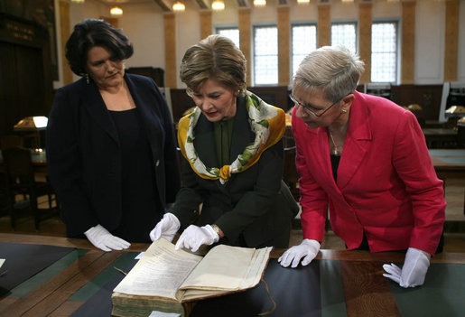 Mrs. Laura Bush is shown a rare book during her visit Saturday, April 5, 2008, to the Croatian State Archives in Zagreb. White House photo by Shealah Craighead