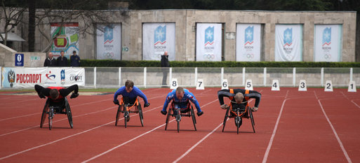 Members of the Russian Paralympic Team participate in the 100-meter sprint exhibition for Mrs. Laura Bush Sunday, April 6, 2008, at Central Sochi Stadium in Sochi, Russia. White House photo by Shealah Craighead