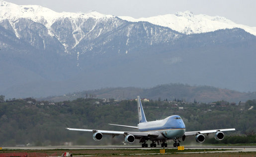 Air Force One, with President George W. Bush and Mrs. Laura Bush aboard, departs Sochi Airport in Sochi, Russia Sunday, April 6, 2008, for Washington, D.C. White House photo by Chris Greenberg