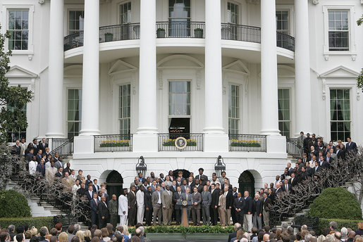 The Louisiana State University Tigers appear on the South Lawn Monday, April 7, 2008, as President George W. Bush welcomes the 2007 NCAA National Football to the White House. White House photo by Chris Greenberg