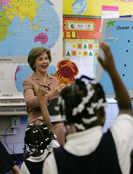 Mrs. Laura Bush participates in a class program with the first grade students of teacher Laura Gilbertson Monday, April 14, 2008, at the Martin Luther King Elementary School in Washington, D.C., to mark the tenth anniversary of Teach for America Week. White House photo by Shealah Craighead
