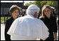Mrs. Laura Bush and Jenna Bush greet Pope Benedict XVI on his arrival to Andrews Air Force Base, Md., Tuesday, April 15, 2008, the first stop of a six-day visit to the United States. White House photo by Eric Draper