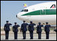 Military personnel salute as the Alitalia jetliner carrying Pope Benedict XVI arrives at Andrews Air Force Base. The Pontiff will be welcomed Wednesday at the White House and will celebrate Mass Thursday morning before continuing his U.S. visit in New York City. White House photo by Chris Greenberg