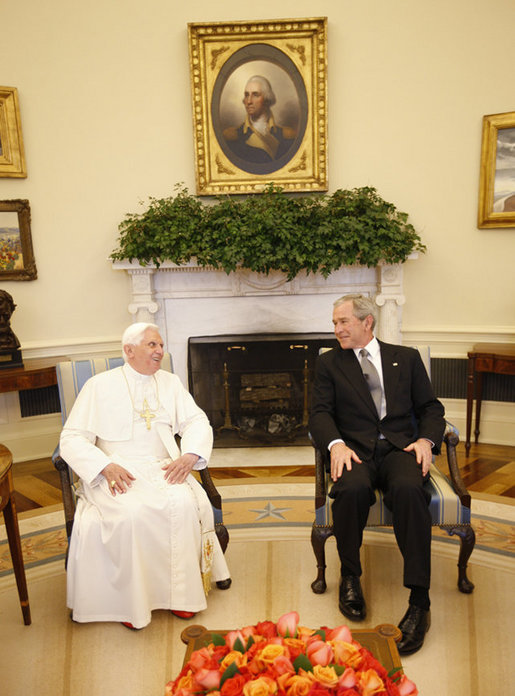 President George W. Bush and Pope Benedict XVI meet in the Oval Office Wednesday, April 16, 2008, following the Pope's welcoming ceremony on the South Lawn of the White House. White House photo by Eric Draper