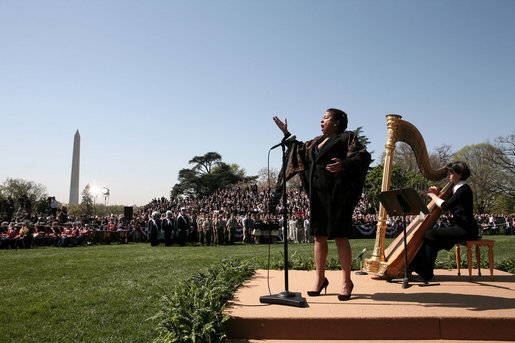 Soprano Kathleen Battle sings "The Lord's Prayer," Wednesday, April 16, 2008, during the arrival ceremony in honor of Pope Benedict XVI on the South Lawn of the White House. White House photo by David Bohrer