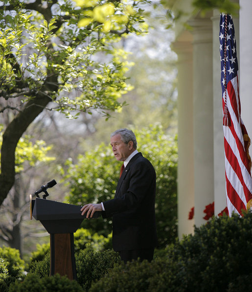 President George W. Bush speaks on climate change during remarks from the Rose Garden Wednesday, April 16, 2008, at the White House. Said the President, "I'm confident that with sensible and balanced policies from Washington, American innovators and entrepreneurs will pioneer a new generation of technology that improves our environment, strengthens our economy, and continues to amaze the world." White House photo by Noah Rabinowitz