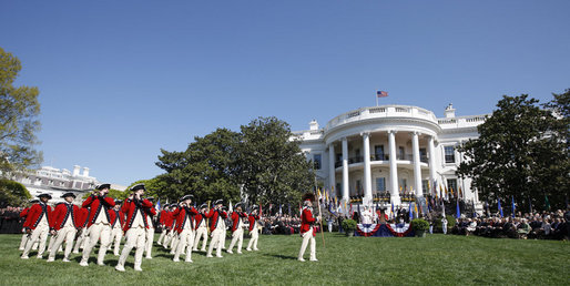 Members of the U.S. Army Old Guard Fife and Drum Corps perform on the South Lawn of the White House April 16, 2008, at the welcoming ceremony for Pope Benedict XVI. White House photo by Eric Draper