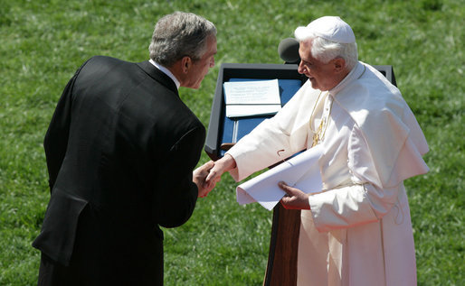 President George W. Bush shakes hands with Pope Benedict XVI following the Pope’s remarks Wednesday, April 16, 2008, at the welcoming ceremony for the Pope on the South Lawn of the White House. White House photo by Joyce N. Boghosian