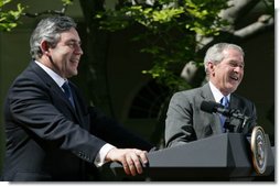 Prime Minister Gordon Brown of the United Kingdom, and President George W. Bush break out in laughter as they respond to a reporter's questions Thursday, April 17, 2008, during a joint press availability at the White House. White House photo by Joyce N. Boghosian