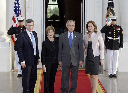 President George W. Bush and Laura Bush welcome British Prime Minister Gordon Brown and his wife, Sarah Brown, to the White House Thursday evening, April 17, 2008, for a private social dinner. White House photo by Shealah Craighead