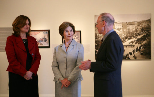 Mrs. Laura Bush and Mrs. Sarah Brown, wife of the Prime Minister of the United Kingdom, participate in a tour led by Mr. Charles Robertson, Guest Curator, "The Honor of Your Company Is Requested: President Lincoln's Inaugural Ball" Exhibit, Thursday, April 17, 2008, during their visit to the Smithsonian American Art Museum in Washington, D.C. White House photo by Shealah Craighead