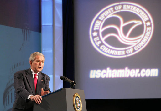 President George W. Bush delivers remarks Friday, April 18, 2008, during the America's Small Business Summit 2008 at the Renaissance Washington, D.C. Sponsored by the U.S. Chamber of Commerce, America’s Small Business Summit 2008 provides U.S. Chamber of Commerce members and other small business owners with an opportunity to participate in sessions on relevant policy and management issues. White House photo by Chris Greenberg
