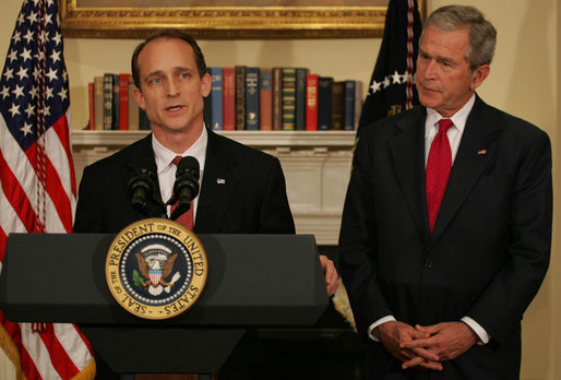 President George W. Bush listens as Steve Preston, the President's nominee for Secretary of Housing and Urban Development, makes remarks during the announcement Friday, April 18, 2008, in the Roosevelt Room of the White House. Acknowledging the President's nomination, Mr. Preston said, "As we help people pursue the American Dream, we need to have a market to operate fairly and effectively for all Americans. And our solutions must restore confidence in our markets, while not erecting barriers to future entrepreneurs, investors and home buyers." White House photo by Shealah Craighead
