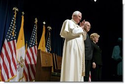 Pope Benedict XVI is joined by Vice President Dick Cheney and Mrs. Lynne Cheney for a farewell ceremony in honor of the Pope, Sunday, April 20, 2008 at John F. Kennedy International Airport in New York. During the ceremony the Vice President said, "Your presence has honored our country. Although you must leave us now, your words and the memory of this week will stay with us. For that, we are truly and humbly grateful."  White House photo by David Bohrer