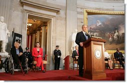 President George W. Bush delivers remarks Wednesday, April 23, 2008, during the Congressional Gold Medal Ceremony honoring Dr. Michael Ellis DeBakey at the U.S. Capitol. In honoring the 99-year-old Chancellor Emeritus of the Baylor College of Medicine and the Director of the DeBakey Heart Center, President Bush said, "Dr. DeBakey has an impressive resume, but his truest legacy is not inscribed on a medal or etched into stone. It is written on the human heart. His legacy is the unlost hours with family and friends who are still with us because of his healing touch. His legacy is grandparents who lived to see their grandchildren. His legacy is holding the fragile and sacred gift of human life in his hands -- and returning it unbroken." White House photo by Chris Greenberg