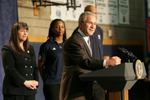 President George W. Bush gestures as he addresses his remarks in honor of Malaria Awareness Day Friday, April 25, 2008, during his visit to the Northwest Boys & Girls Club in Hartford, Conn., where the Boys & Girls members were learning about the cause and prevention of malaria. Earlier in the day President Bush signed a proclamation on the United States commitment to help fight malaria in Africa and around the world. White House photo by Chris Greenberg