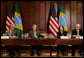 President George W. Bush addresses his remarks at the U.S.-Brazil Forum, Monday, April 28, 2008, at the Eisenhower Executive Office Building in Washington, D.C., joined by U.S. Secretary of Commerce Carlos Gutierrez, left and Brazil Presidential Chief of Staff and Minister Dilma Vana Rousseff, and Miguel Jorge, Brazil's Minister of Development, Industry and Foreign Trade. White House photo by Chris Greenberg