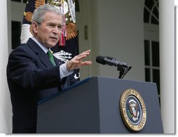 President George W. Bush makes a statement during a news conference Tuesday, April 29, 2008, in the Rose Garden. In urging Congress to act on his economic proposals, the President said, "In all these issues, the American people are looking to their leaders to come together and act responsibly. I don't think this is too much to ask even in an election year."  White House photo by Chris Greenberg