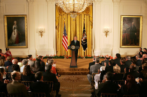 President George W. Bush delivers remarks on National Volunteer Week Tuesday, April 29, 2008, in the East Room of the White House. President Bush delivered remarks to invited guests including, 33 Peace Corps Trainees, 64 Peace Corps Country Directors, and approximately 100 volunteers from organizations such as Camp Fire USA, Jumpstart, N Street Village, AmeriCorps NCCC, AmeriCorps Vista, Hope Worldwide, Orange County Rescue Mission, and Partners of the Americas. White House photo by Joyce N. Boghosian