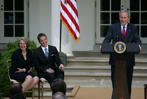 Secretary of Education Margaret Spellings and Mike Geisen, the 2008 National Teacher of the Year, break out in laughter as President George W. Bush delivers remarks during ceremonies in the Rose Garden Wednesday, April 30, 2008, honoring the country's top educators. White House photo by Shealah Craighead