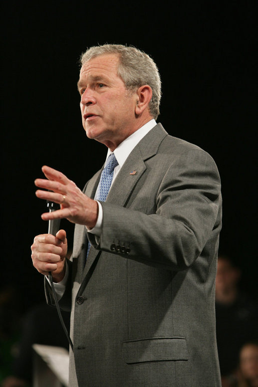 President George W. Bush gestures as he addresses his remarks on the economy Friday, May 2, 2008, during his visit to World Wide Technology, Inc. in Maryland Heights, Mo. White House photo by Chris Greenberg