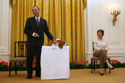 Mrs. Laura Bush looks on as the Westminster Kennel Club's 2008 Best in Show Winner, Uno, and his co-owner Eddie Dziuk address guests during their visit to the White House Monday, May 5, 2008, in the East Room of the White House. White House photo by Shealah Craighead