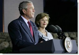 With Mrs. Laura Bush by his side, President George W. Bush delivers remarks at a reception Thursday, May 15, 2008, at the Israel Museum in Jerusalem in honor of the 60th anniversary of the state of Israel.  White House photo by Chris Greenberg