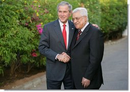 President George W. Bush shakes hands with Palestinian President Mahmoud Abbas Saturday, May 17, 2008, at the conclusion of their meeting with members of the media in Sharm el-Shiek, Egypt. White House photo by Chris Greenberg