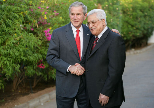 President George W. Bush shakes hands with Palestinian President Mahmoud Abbas Saturday, May 17, 2008, at the conclusion of their meeting with members of the media in Sharm el Sheikh, Egypt. White House photo by Chris Greenberg