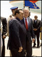 President George W. Bush embraces Egyptian President Hosni Mubarak upon his arrival Saturday, May 17, 2008, to Sharm el Sheikh International Airport in Sharm el Sheikh, Egypt. White House photo by Joyce N. Boghosian