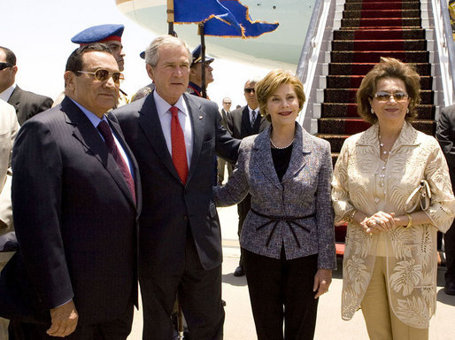 President George W. Bush and Laura Bush are welcomed by Egyptian President Hosni Mubarak and his wife, Susan Mubarak, upon their arrival Saturday, May 17, 2008, to Sharm el Sheikh International Airport in Sharm el Sheikh, Egypt. White House photo by Joyce N. Boghosian