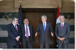 President George W. Bush stands with Iraqi leaders after their meeting Sunday, May 18, 2008, in Sharm El Sheikh, Egypt. With him from left are: Hoshyar Zebari, Foreign Minister, Vice President Abd al-Mahdi, and Deputy Prime Minister Barham Salih. White House photo by Chris Greenberg