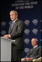 President George W. Bush speaks before the World Economic Forum on the Middle East Sunday, May 18, 2008, in Sharm El Sheikh, Egypt. The President told his audience, "I know these are trying times, but the future is in your hands –- and freedom and peace are within your grasp." White House photo by Chris Greenberg