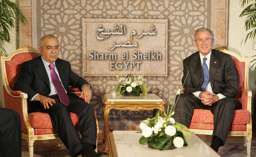 President George W. Bush meets with Palestinian Prime Minister Salam Fayyad in Sharm El Sheikh, Egypt, Sunday, May 18, 2008. White House photo by Joyce N. Boghosian