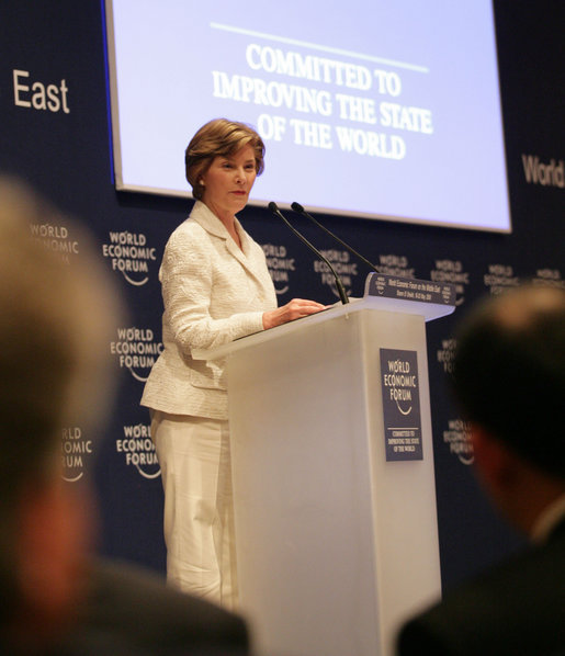Mrs. Laura Bush speaks at the Egyptian Education Initiative meeting Sunday, May 18, 2008, at the World Economic Forum – International Congress Centre in Sharm El Sheikh, Egypt. Mrs. Bush told her audience, "Advances in technology and global communication are opening new markets and expanding opportunities for people around the world. The Egyptian Education Initiative recognizes that improved education is the key to taking advantage of these opportunities." White House photo by Shealah Craighead