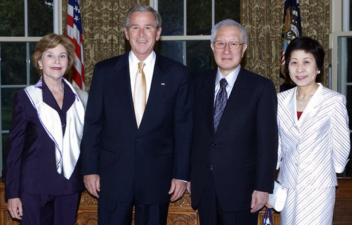 Japan's outgoing Ambassador to the United States, Ryozo Kato, and his wife, Mrs. Hanayo Kato, paid a farewell courtesy call on the President and Mrs. Bush on May 20, 2008. With over six years in Washington, Ambassador Kato is the longest-serving postwar Ambassador to the U.S. from Japan. Ambassador Kato's deep commitment to enhancing U.S.-Japan ties was evident in his staunch support for Japanese contributions to coalition efforts in Iraq and Afghanistan as well as the barbeque the Katos hosted annually since 2003 for U.S. soldiers wounded in Iraq and Afghanistan and their families. The President and Mrs. Bush wished the Katos well upon their return to Japan later this month. White House photo by Joyce N. Boghosian