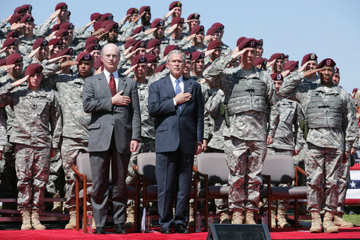 President George W. Bush and U.S. Army Secretary Pete Geren stand during the playing of the National Anthem Thursday, May 22, 2008 in Fort Bragg, N.C., for the 82nd Airborne Division Review. White House photo by Chris Greenberg