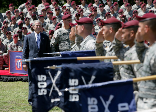 President George W. Bush joins Maj. Gen. David Rodriguez at a review of troops ceremony of the U.S. Army's 82nd Airborne Division, Thursday, May 22, 2008, at Fort Bragg, N.C. White House photo by Chris Greenberg