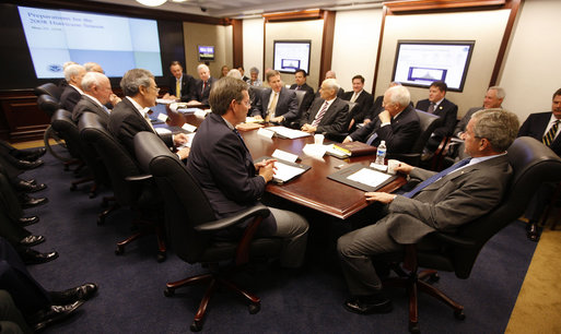 President George W. Bush is briefed on the upcoming 2008 hurricane season during a Homeland Security Council meeting Friday, May 23, 2008, in the Situation Room of the White House. White House photo by Eric Draper