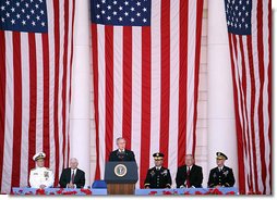 President George W. Bush delivers remarks during a Memorial Day commemoration ceremony Monday, May 26, 2008, at Arlington National Cemetery in Arlington, VA. "Here in Washington and across our country, we pay tribute to all who have fallen -- a tribute never equal to the debt they are owed. We will forever honor their memories." White House photo by Shealah Craighead