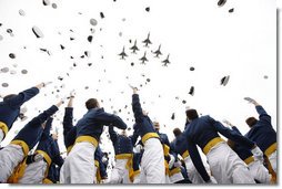 Graduates at the United States Air Force Academy toss their hats at the end of commencement ceremonies Wednesday, May 28, 2008, in Colorado Springs. White House photo by Eric Draper