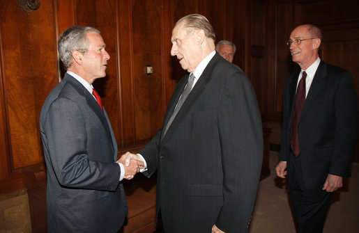 President George W. Bush greets Thomas Monson, President of the Church of Jesus Christ of Latter-day Saints at the church's headquarters Thursday, May 29, 2008, in Salt Lake City. Also pictured at right is Henry Eyring, First Counsel in the First Presidency. White House photo by Eric Draper