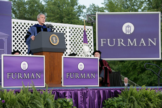 President George W. Bush addresses graduating seniors, faculty and guests as he gives the commencement address to the Class of 2008 at Furman University in Greenville, SC. White House photo by Chris Greenberg